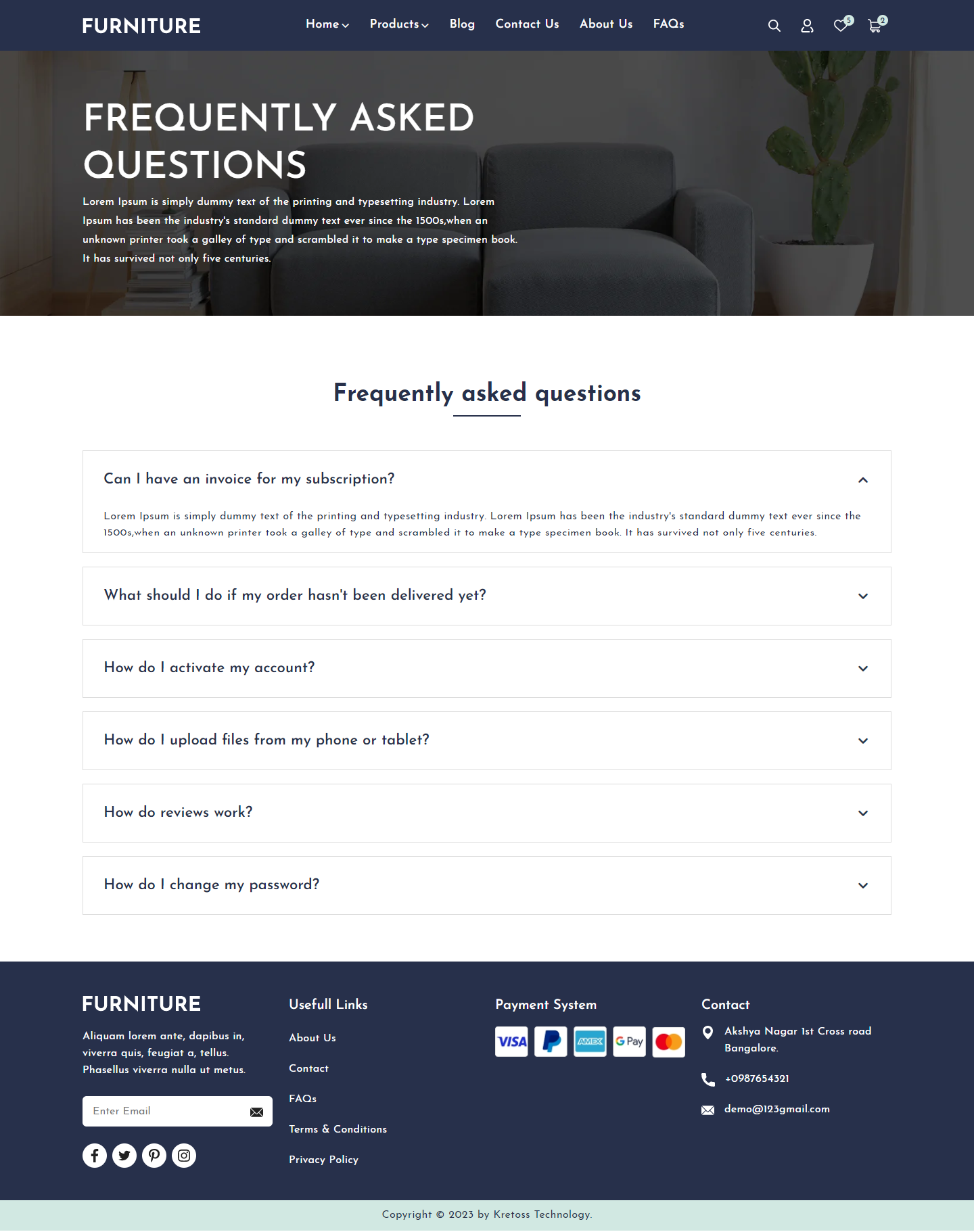 Kretoss Furniture Other Page - FAQs Page